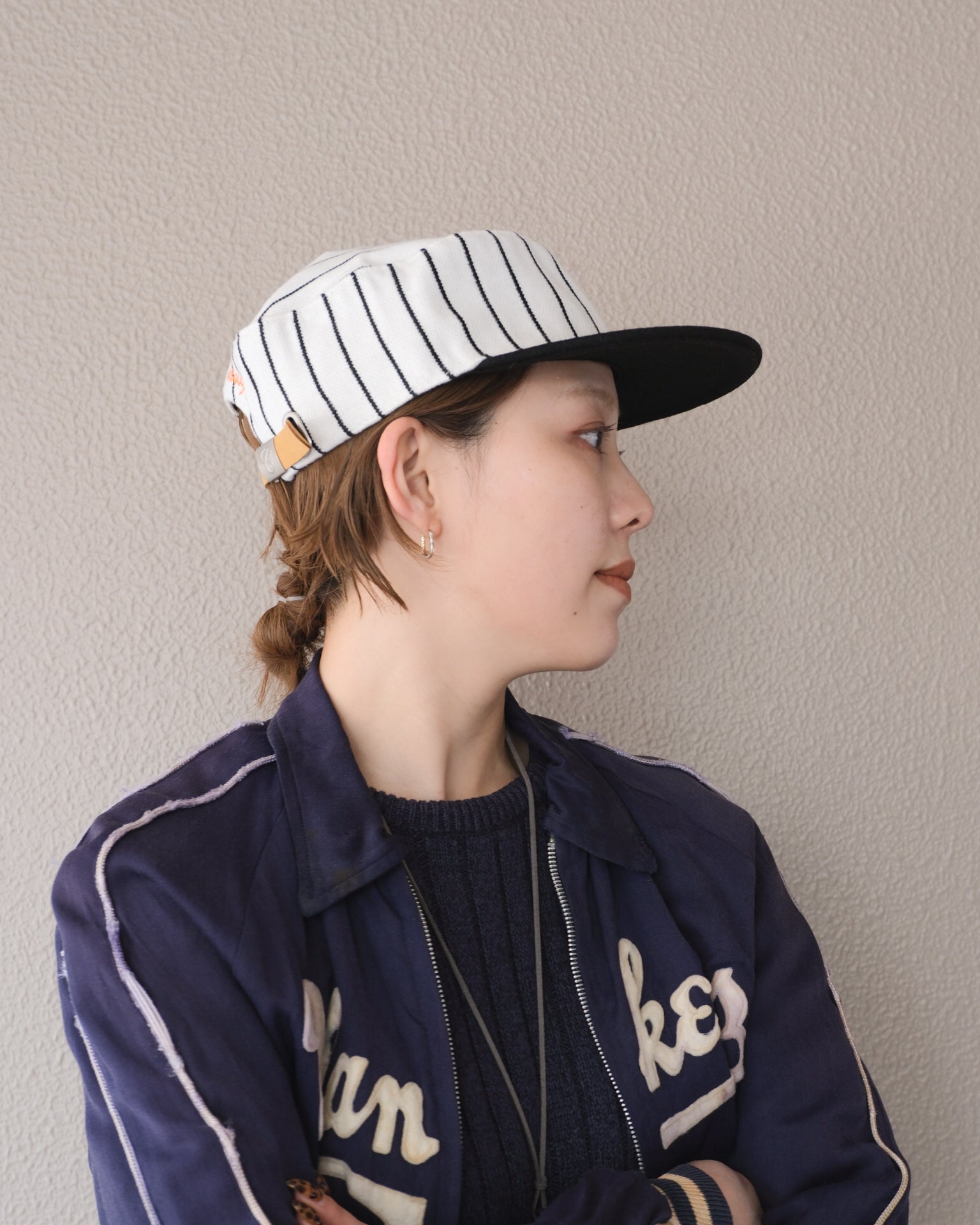 6cRAyon Retro Flat Top Baseball Cap - Striped Wool Blend with Embroidered Letters